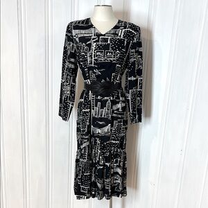 🖤 DOMINATO Vintage Black & White Cityscape Print Dress (Made in Canada)